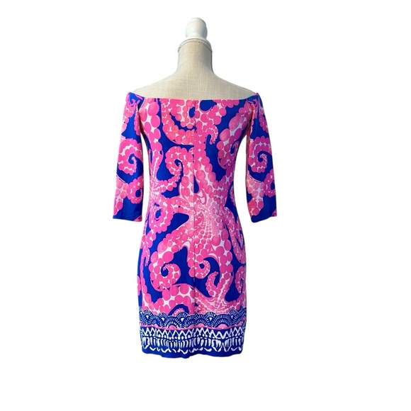 Lilly Pulitzer Off Shoulder Laurana Dress Sz XS Ikat Blue Mocean Engineered - Picture 4 of 12